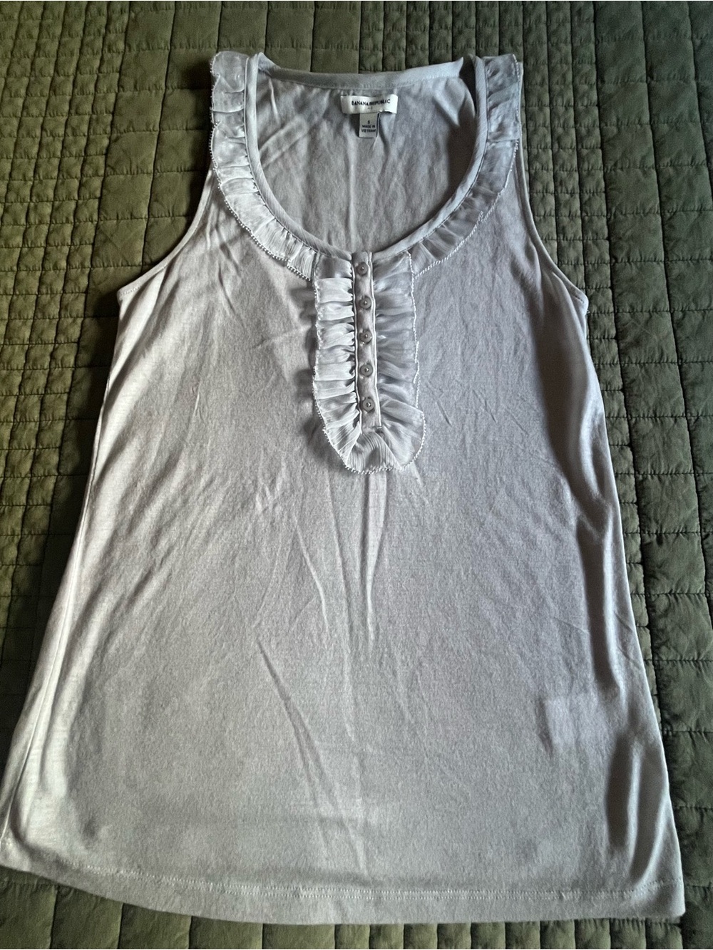 Banana Republic Light Gray Semi Sheer Ruffled Silk Trimmed Blouse Tank Top S